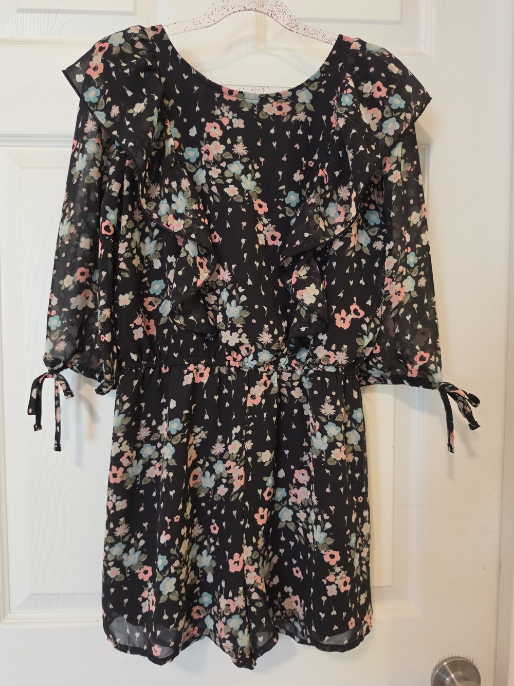 Justice Black Floral Romper with Pink and Blue Blooms Size 10